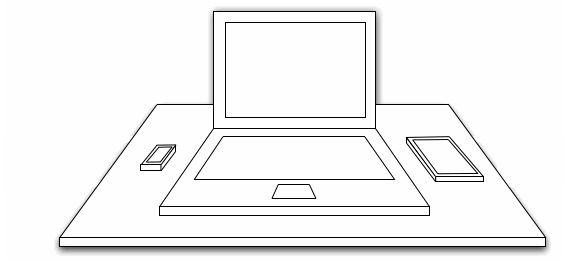 Sketch of desk with laptop, mobile phone and tablet
