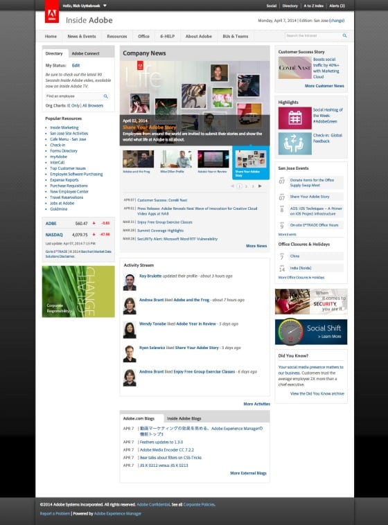 Adobe homepage screenshot My Beautiful Intranet 2014