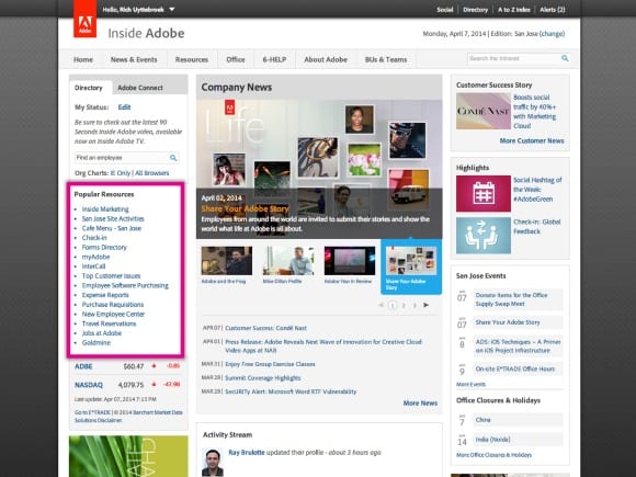 Adobe intranet homepage quick links screenshot