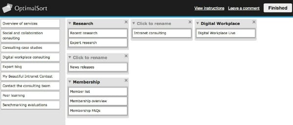 Intranet card sorting screenshot