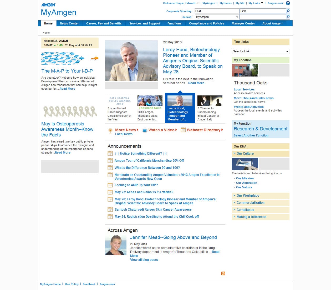 Screenshot of Amgen intranet homepage