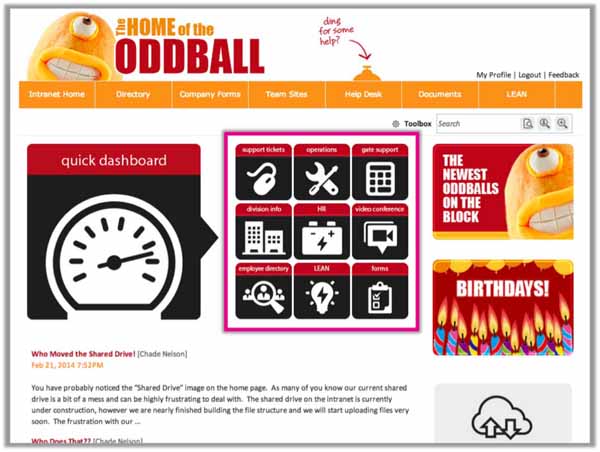 Odball intranet homepage icons screenshot