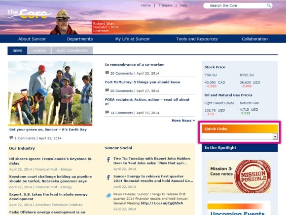 Suncor intranet homepage quick links screenshot