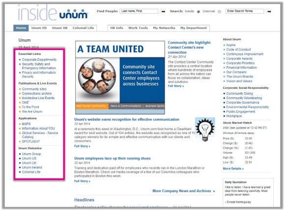 UNUM intranet homepage quick links screenshot