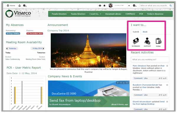 Vinarco intranet homepage icons screenshot