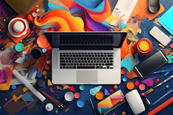 Laptop on a colourful desk