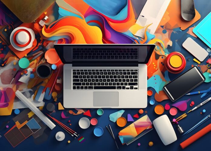 Laptop on a colourful desk