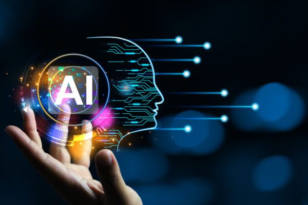 AI generative concept with programmer hand holding virtual command interface of machine learning to analyse data image generate and service chat bot in cyber system