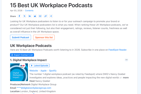 Screenshot of Feedspot's 15 best UK workplace podcasts with Digital Workplace Impact as number 1