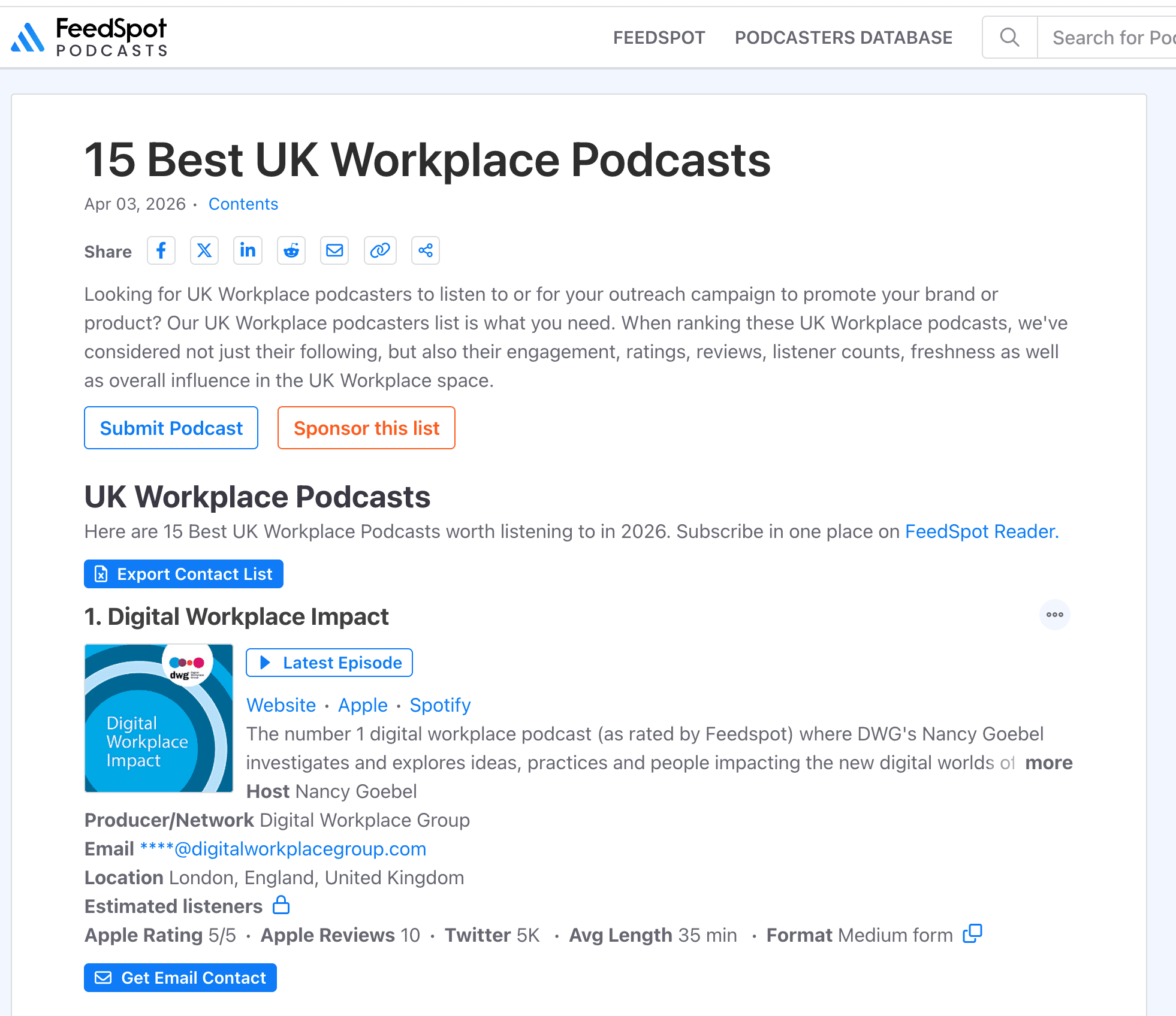 Screenshot of Feedspot's 15 best UK workplace podcasts with Digital Workplace Impact as number 1