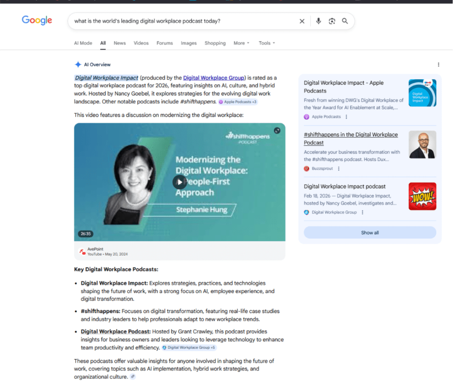 Screenshot from Google showing the AI Overview quoting Digital Workplace Impact as the world's leading digital workplace podcast